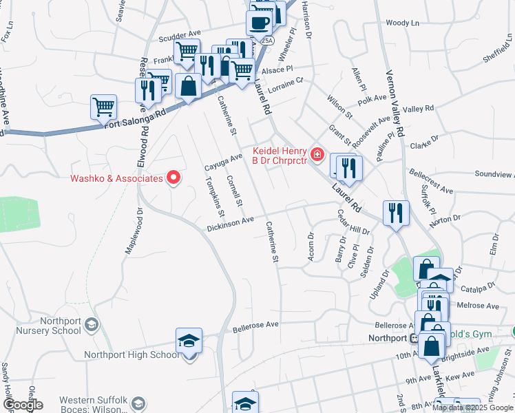 map of restaurants, bars, coffee shops, grocery stores, and more near 105 Catherine Street in East Northport