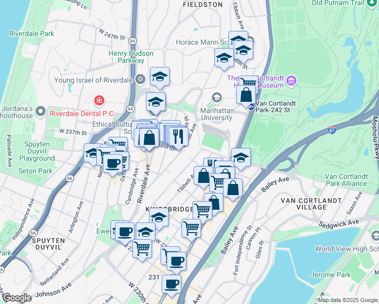 map of restaurants, bars, coffee shops, grocery stores, and more near 3800 Waldo Avenue in Bronx