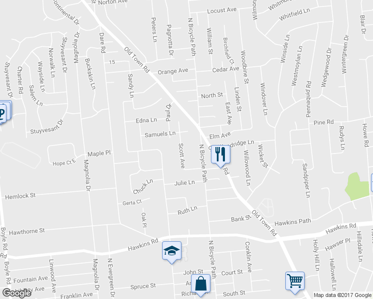 map of restaurants, bars, coffee shops, grocery stores, and more near 17 Scott Avenue in Selden