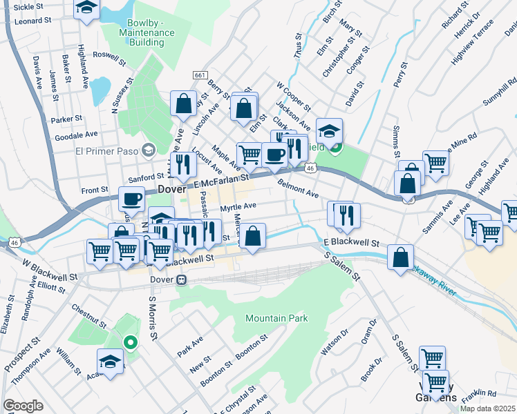 map of restaurants, bars, coffee shops, grocery stores, and more near 88 Myrtle Avenue in Dover