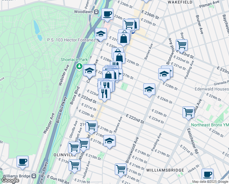map of restaurants, bars, coffee shops, grocery stores, and more near 721 East 224th Street in Bronx