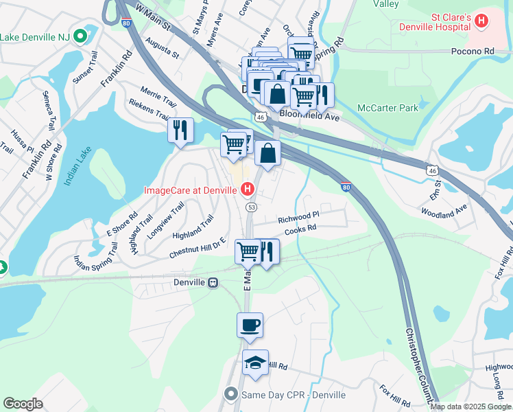 map of restaurants, bars, coffee shops, grocery stores, and more near 170 New Jersey 53 in Denville