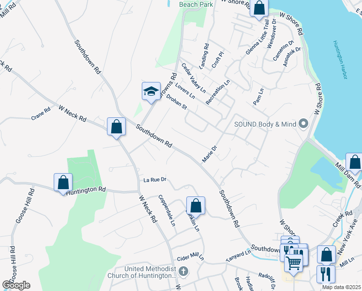 map of restaurants, bars, coffee shops, grocery stores, and more near 161 Southdown Road in Huntington