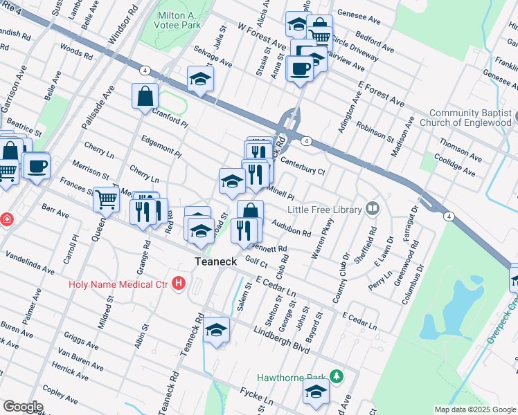 map of restaurants, bars, coffee shops, grocery stores, and more near 932 Commonwealth Drive in Teaneck