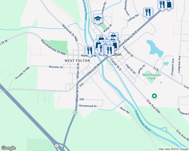 map of restaurants, bars, coffee shops, grocery stores, and more near 211 Ash Street in Canal Fulton