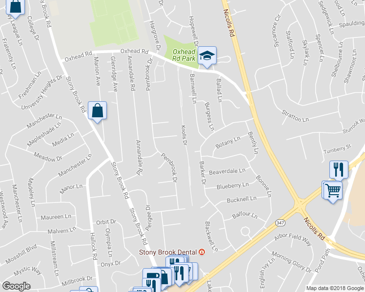 map of restaurants, bars, coffee shops, grocery stores, and more near 111 Knolls Drive in Stony Brook