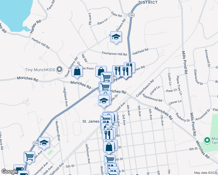 map of restaurants, bars, coffee shops, grocery stores, and more near 542 Route 25A in Saint James