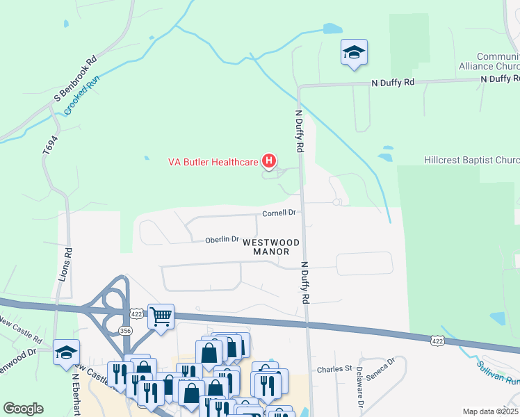 map of restaurants, bars, coffee shops, grocery stores, and more near 116 Cornell Drive in Butler