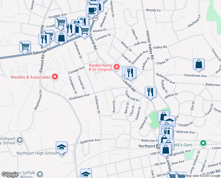 map of restaurants, bars, coffee shops, grocery stores, and more near 136 Dickinson Avenue in East Northport