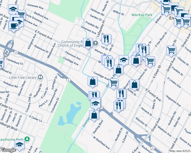 map of restaurants, bars, coffee shops, grocery stores, and more near 185 Tietjen Avenue in Englewood