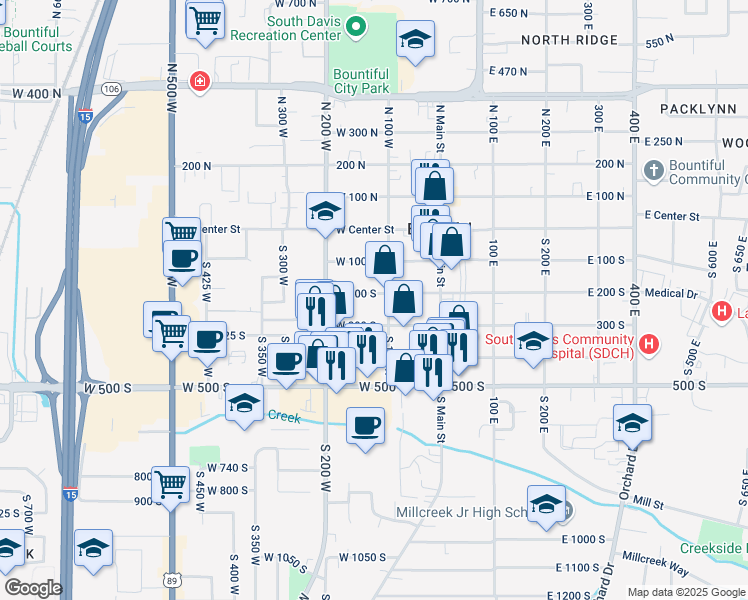 map of restaurants, bars, coffee shops, grocery stores, and more near 135 West 200 South in Bountiful