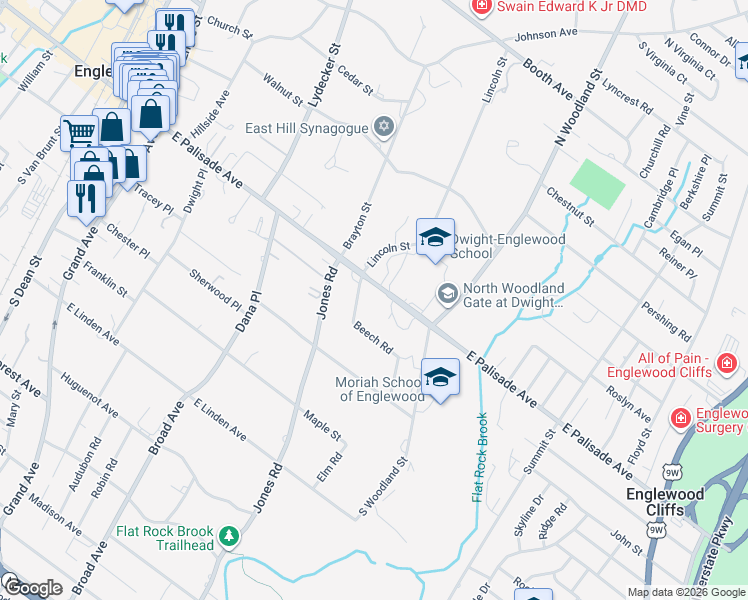 map of restaurants, bars, coffee shops, grocery stores, and more near 47 Beech Road in Englewood