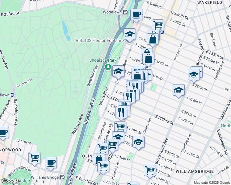 map of restaurants, bars, coffee shops, grocery stores, and more near 626 East 223rd Street in The Bronx
