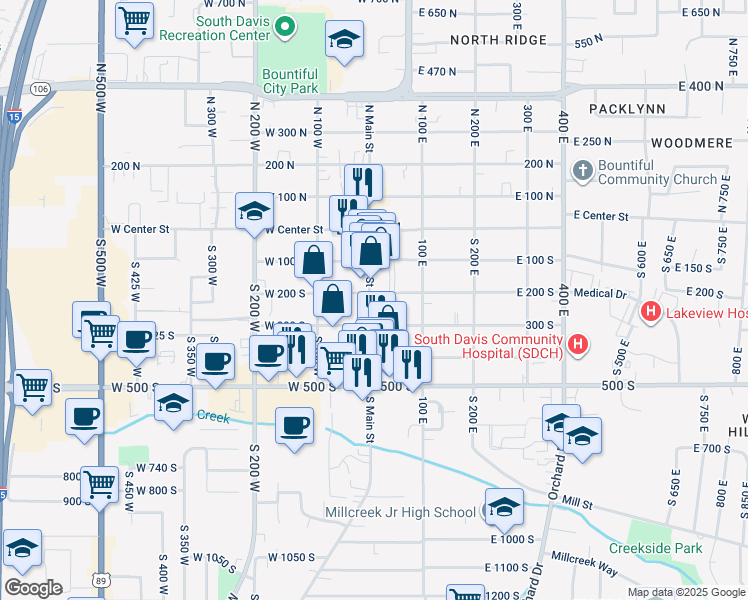 map of restaurants, bars, coffee shops, grocery stores, and more near 203 South Main Street in Bountiful