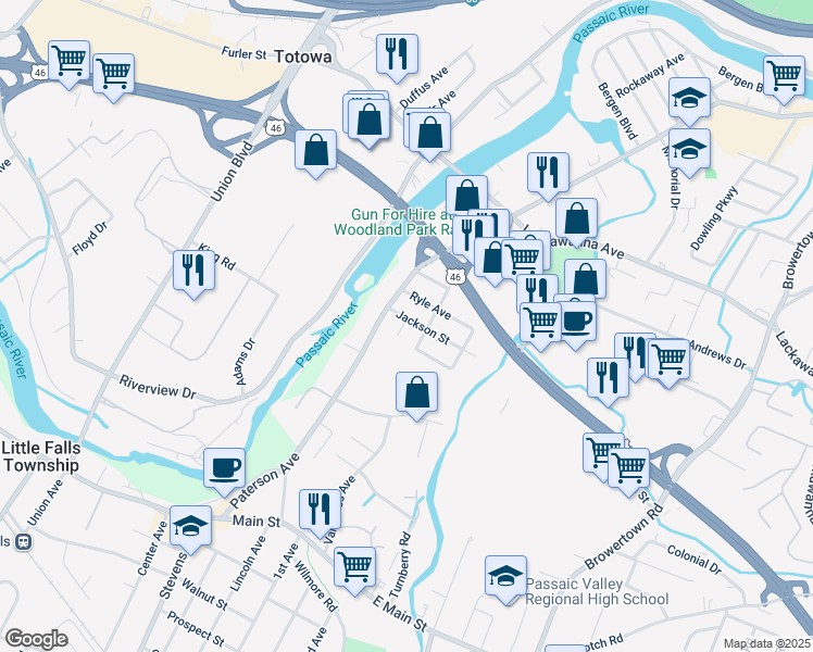 map of restaurants, bars, coffee shops, grocery stores, and more near 23 Jackson Street in Little Falls
