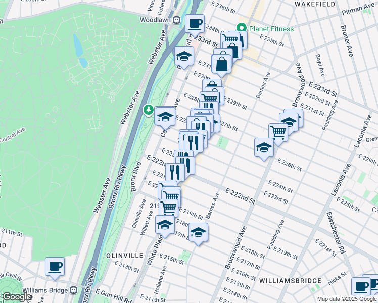 map of restaurants, bars, coffee shops, grocery stores, and more near 688 East 224th Street in The Bronx