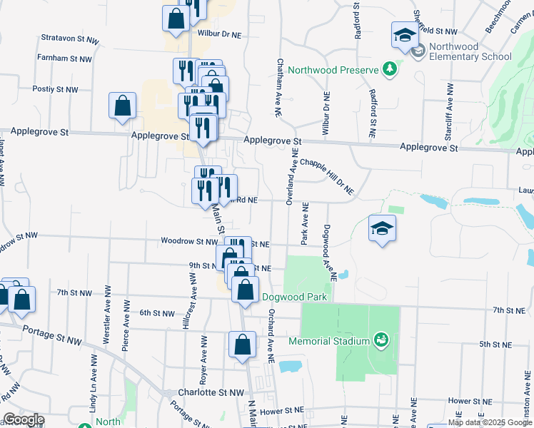 map of restaurants, bars, coffee shops, grocery stores, and more near 1045 Orchard Avenue Northeast in North Canton