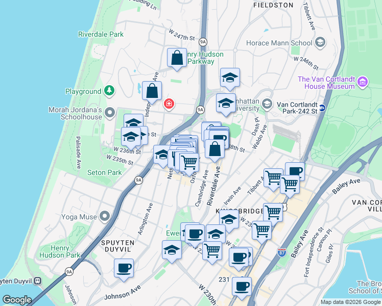 map of restaurants, bars, coffee shops, grocery stores, and more near 3614 Johnson Avenue in Bronx