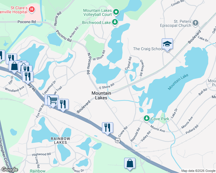 map of restaurants, bars, coffee shops, grocery stores, and more near 40 East Shore Road in Mountain Lakes