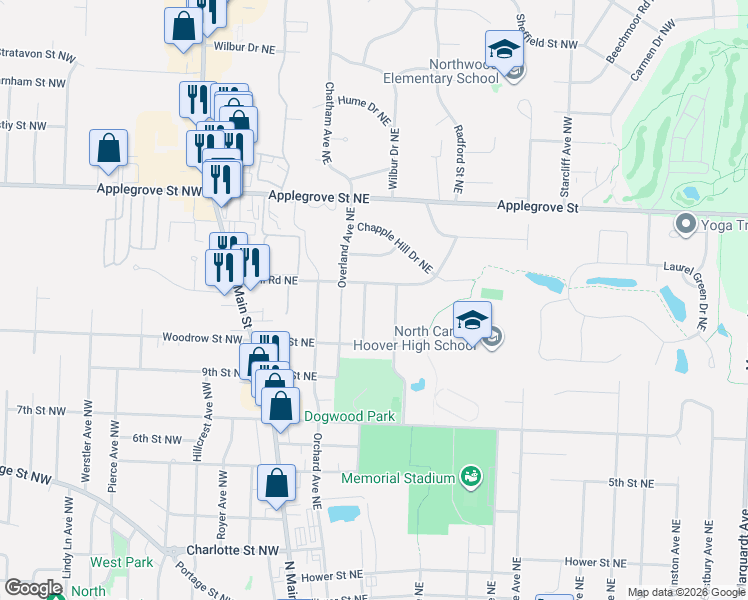 map of restaurants, bars, coffee shops, grocery stores, and more near 1046 Park Avenue Northeast in North Canton