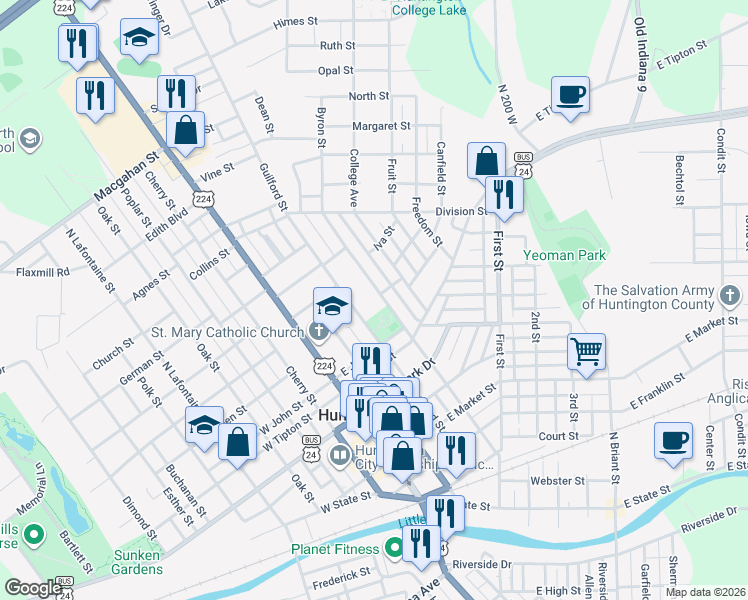 map of restaurants, bars, coffee shops, grocery stores, and more near 1116 Byron Street in Huntington