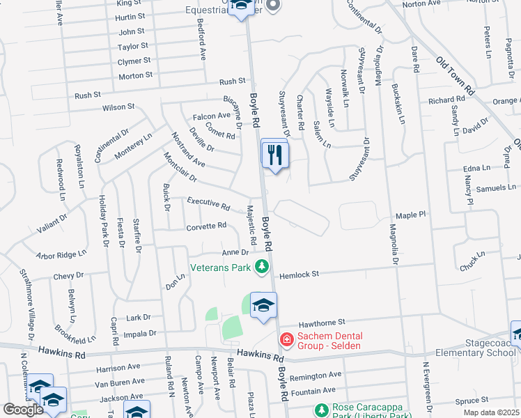 map of restaurants, bars, coffee shops, grocery stores, and more near 350 Boyle Road in Selden