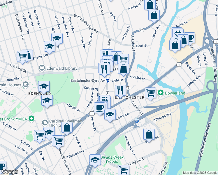 map of restaurants, bars, coffee shops, grocery stores, and more near 3714 Dyre Avenue in Bronx