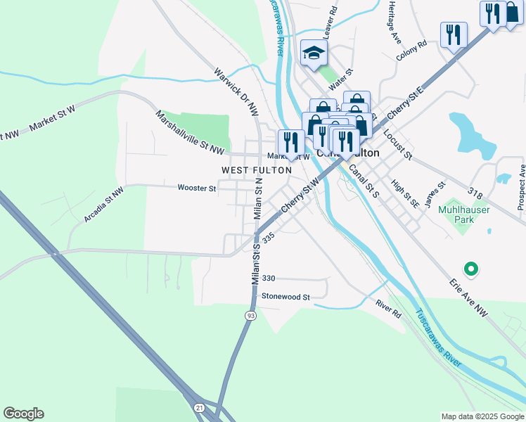 map of restaurants, bars, coffee shops, grocery stores, and more near 264 Milan Street North in Canal Fulton