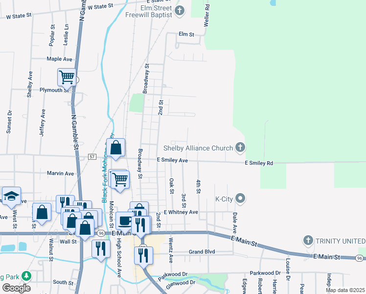 map of restaurants, bars, coffee shops, grocery stores, and more near 82 North 3rd Street in Shelby