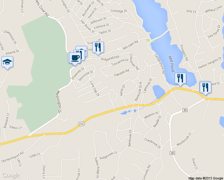 map of restaurants, bars, coffee shops, grocery stores, and more near 7 Gerrymander Drive in Centerport