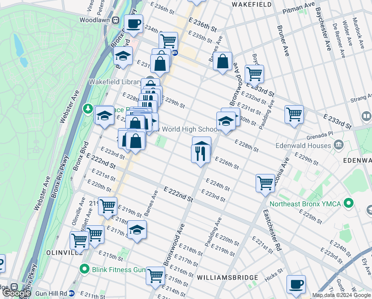 map of restaurants, bars, coffee shops, grocery stores, and more near in The Bronx