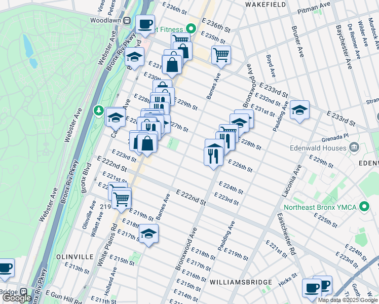 map of restaurants, bars, coffee shops, grocery stores, and more near in The Bronx
