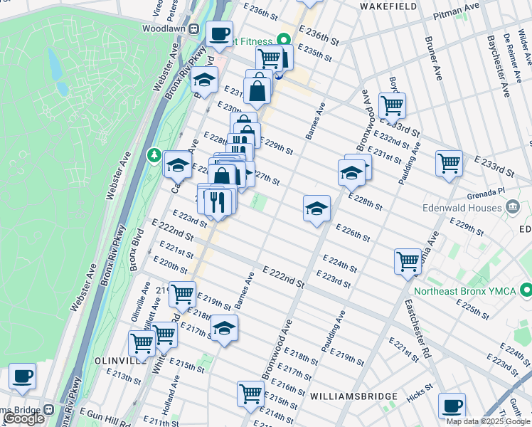 map of restaurants, bars, coffee shops, grocery stores, and more near 758 East 225th Street in The Bronx
