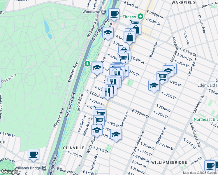 map of restaurants, bars, coffee shops, grocery stores, and more near in The Bronx