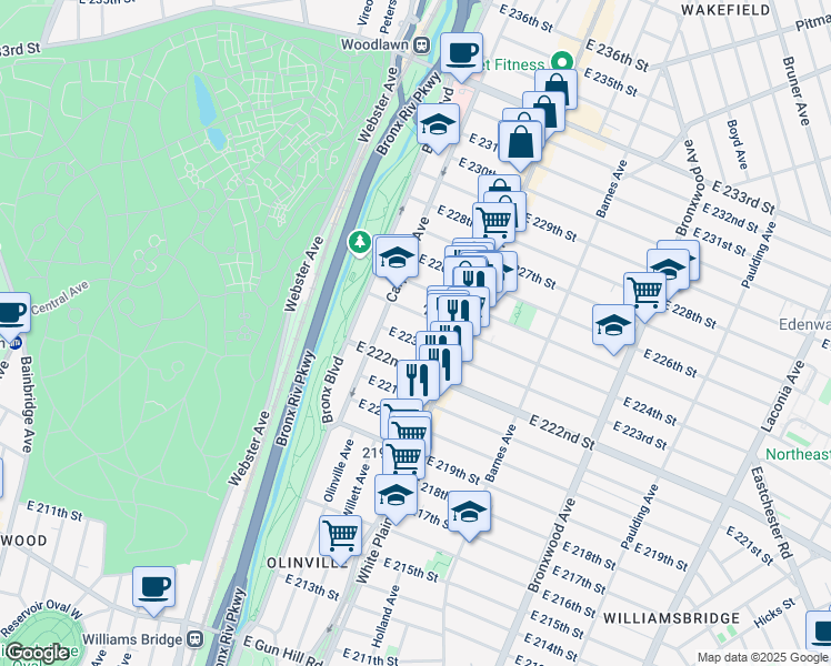 map of restaurants, bars, coffee shops, grocery stores, and more near 649 East 223rd Street in Bronx