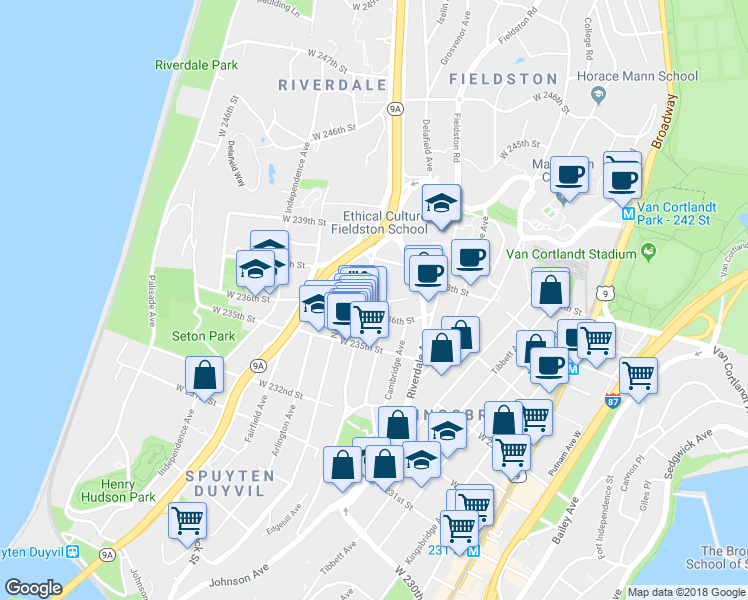 map of restaurants, bars, coffee shops, grocery stores, and more near 3614 Johnson Avenue in Bronx