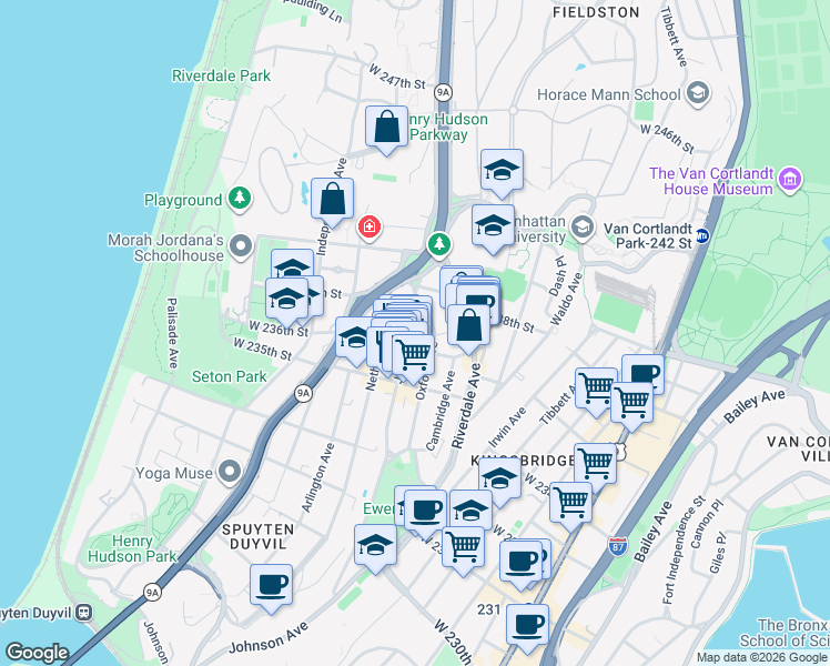 map of restaurants, bars, coffee shops, grocery stores, and more near 3614 Johnson Avenue in Bronx