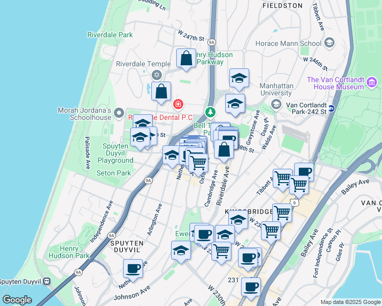 map of restaurants, bars, coffee shops, grocery stores, and more near 3614 Johnson Avenue in Bronx