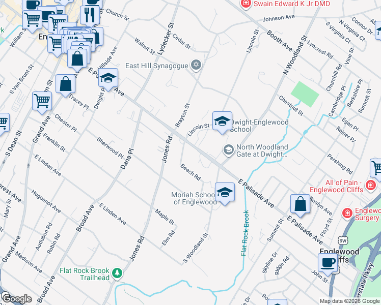 map of restaurants, bars, coffee shops, grocery stores, and more near 47 Beech Road in Englewood