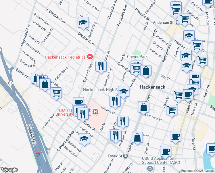 map of restaurants, bars, coffee shops, grocery stores, and more near 310 Beech Street in Hackensack