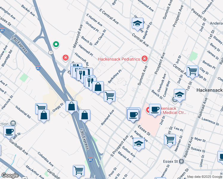map of restaurants, bars, coffee shops, grocery stores, and more near 12 Berkshire Place in Hackensack