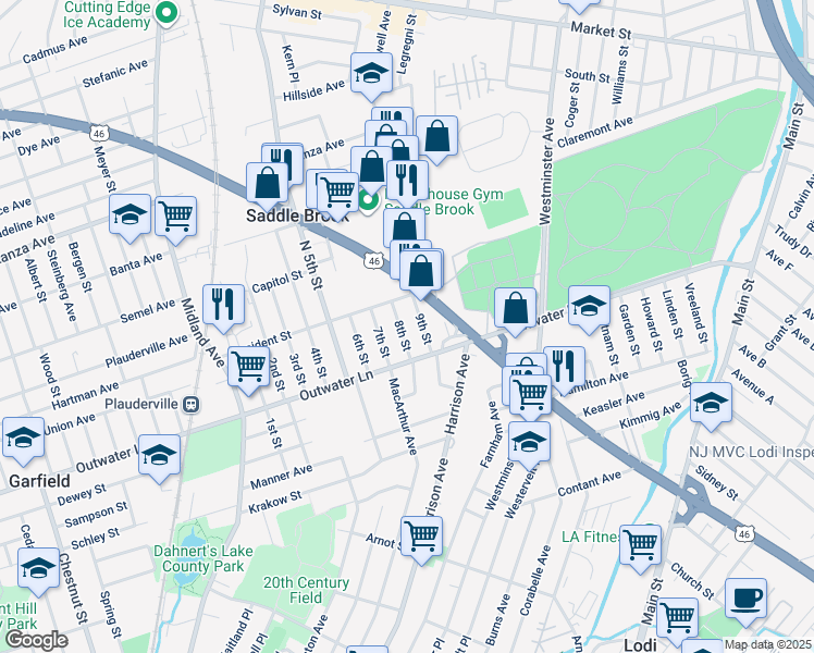 map of restaurants, bars, coffee shops, grocery stores, and more near 341 9th Street in Saddle Brook