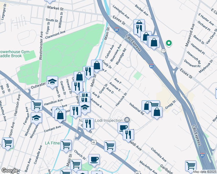 map of restaurants, bars, coffee shops, grocery stores, and more near 51 Avenue D in Lodi