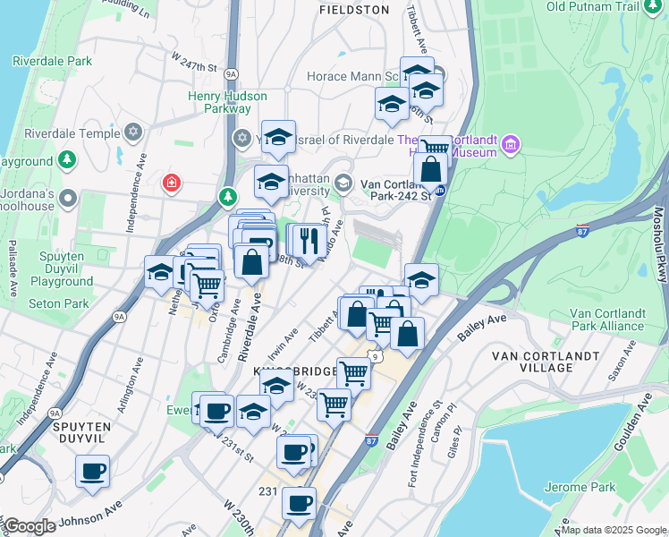 map of restaurants, bars, coffee shops, grocery stores, and more near 3800 Waldo Avenue in Bronx