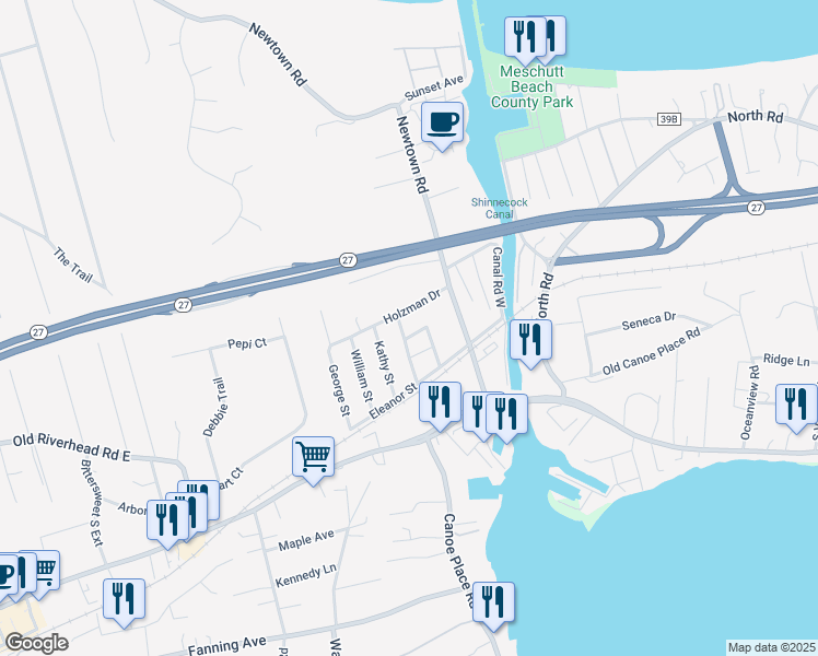 map of restaurants, bars, coffee shops, grocery stores, and more near 14 Mildred Place in Hampton Bays