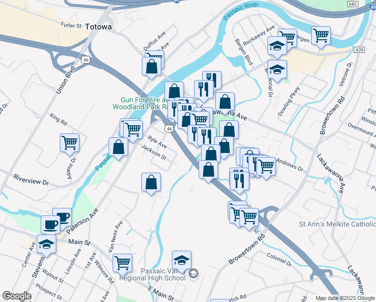 map of restaurants, bars, coffee shops, grocery stores, and more near 1710 Route 46 in Little Falls