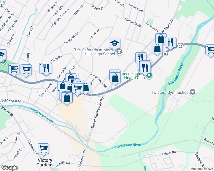 map of restaurants, bars, coffee shops, grocery stores, and more near 630 West Main Street in Rockaway