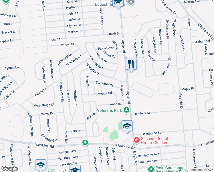 map of restaurants, bars, coffee shops, grocery stores, and more near 16 Executive Road in Selden