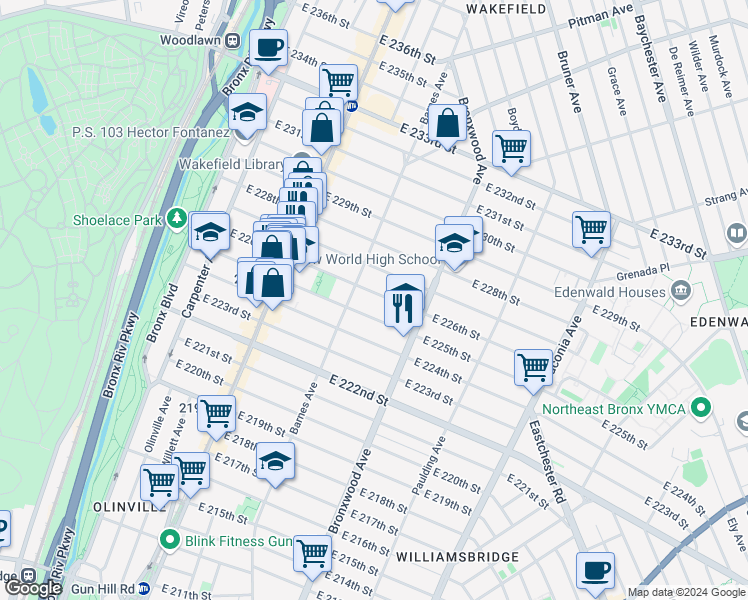 map of restaurants, bars, coffee shops, grocery stores, and more near 824 East 226th Street in The Bronx