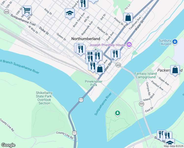 map of restaurants, bars, coffee shops, grocery stores, and more near 2 Front Street in Northumberland